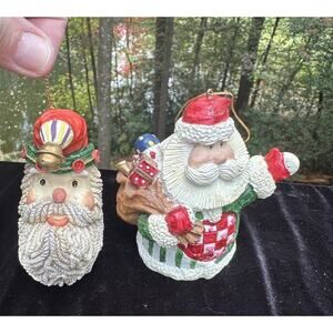 Two Adorable Vintage Christmas Ornaments Moon Shape Santa & Santa With Toys S63